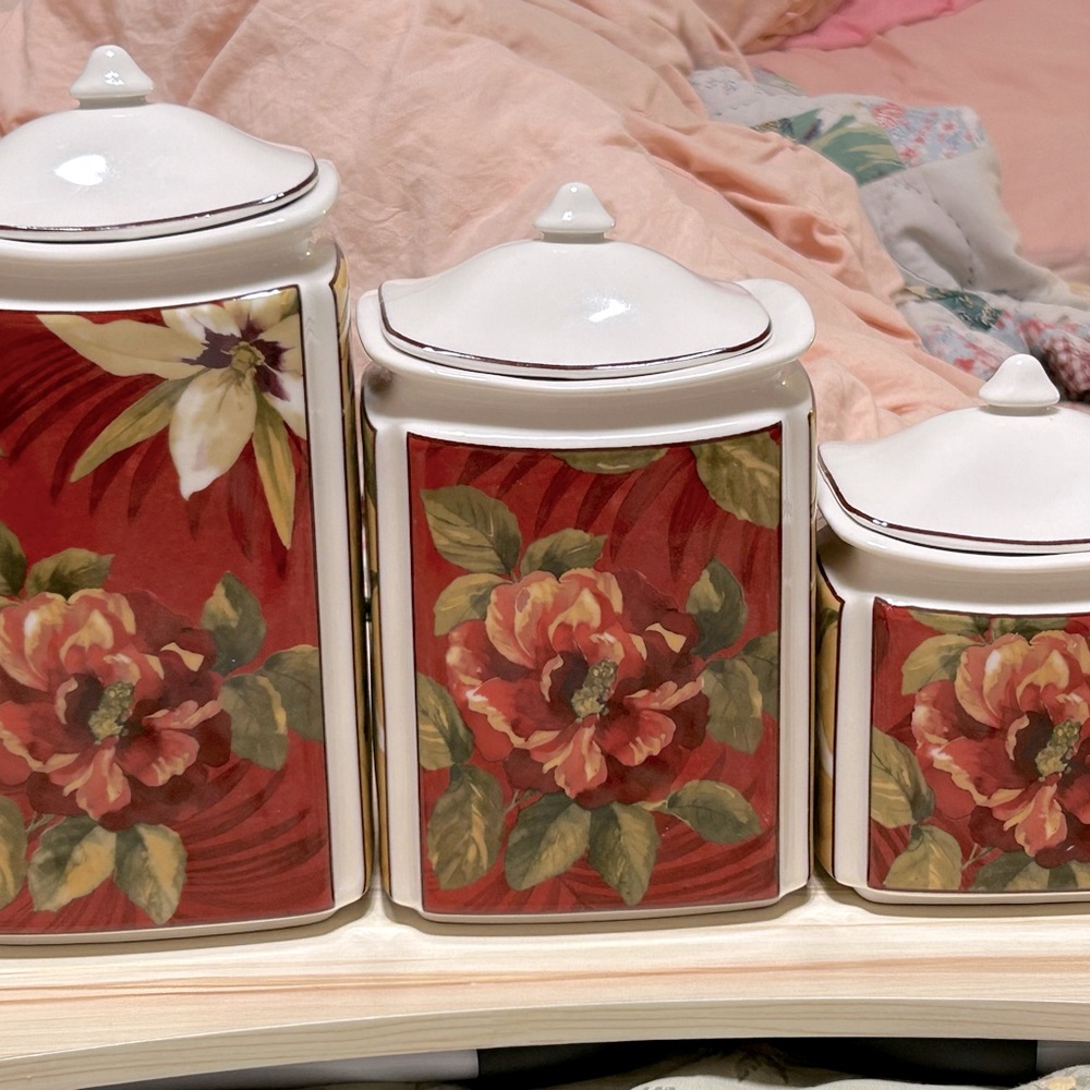 (3)Gorgeous Canisters from 222 Fifth Made with Fine Porcelain China.